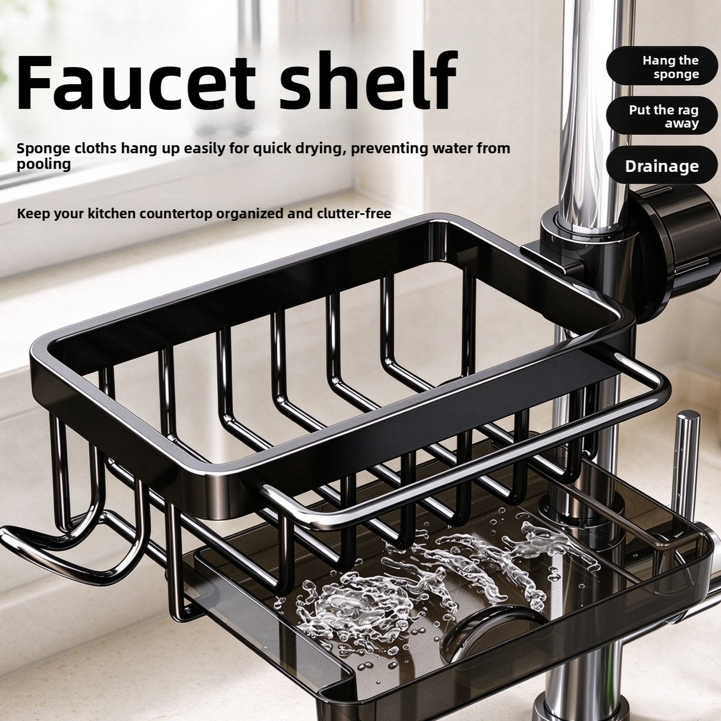 Kitchen Stainless Steel Faucet Sink Rack with Drip Tray and Cloth Holder