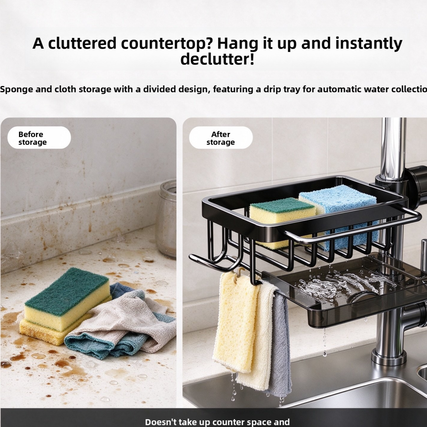 Kitchen Stainless Steel Faucet Sink Rack with Drip Tray and Cloth Holder - Image 3