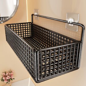 Wall-Mounted Iron Storage Rack, Punch-Free Bathroom Organizer Basket for Toilet, Shower, and Kitchen