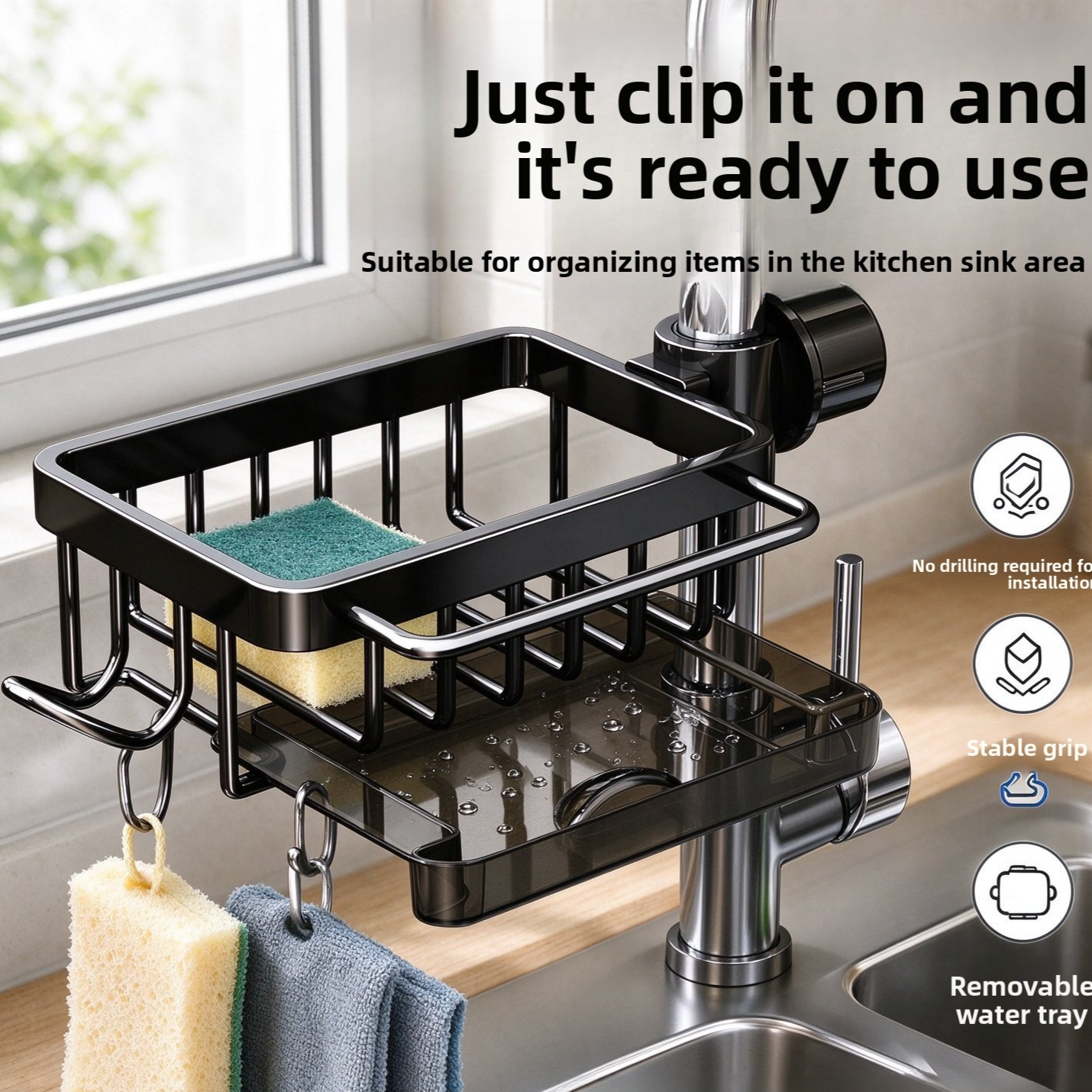 Kitchen Stainless Steel Faucet Sink Rack with Drip Tray and Cloth Holder - Image 2