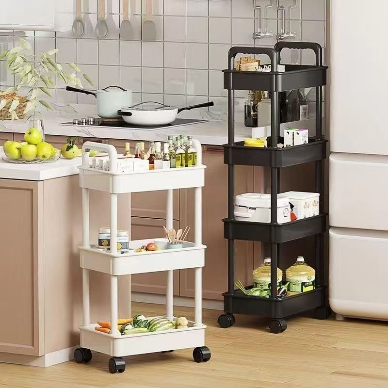 Foldable Multi-Layer Plastic Rolling Storage Cart with Wheels for Kitchen and Bathroom